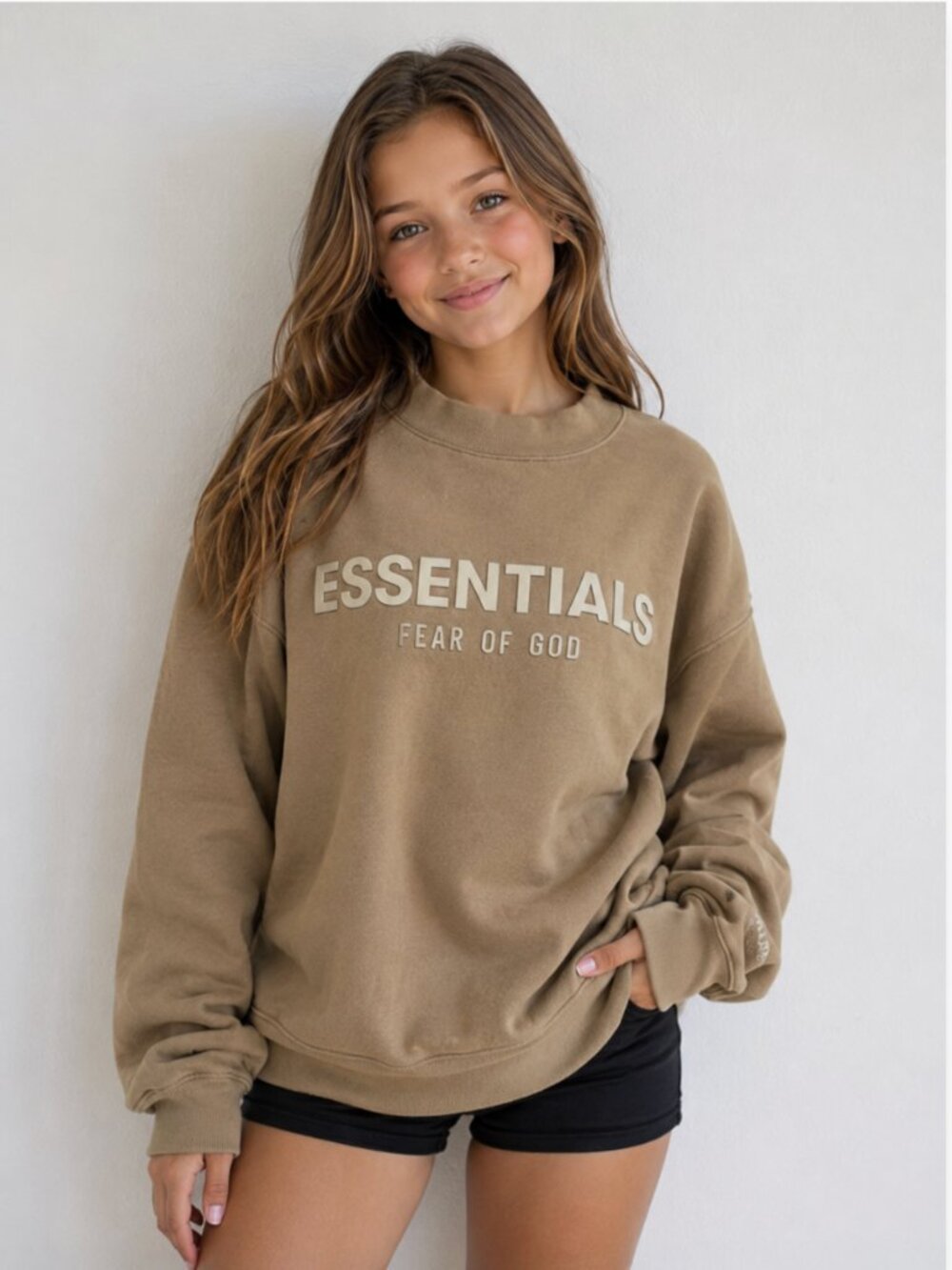 Fear of God Essentials Sweatshirt Pullover Cotton Logo Crew Neck Tan Size 12